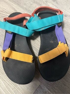 Teva Black Sandals with Teal, Purple, Yellow, and Coral Straps
